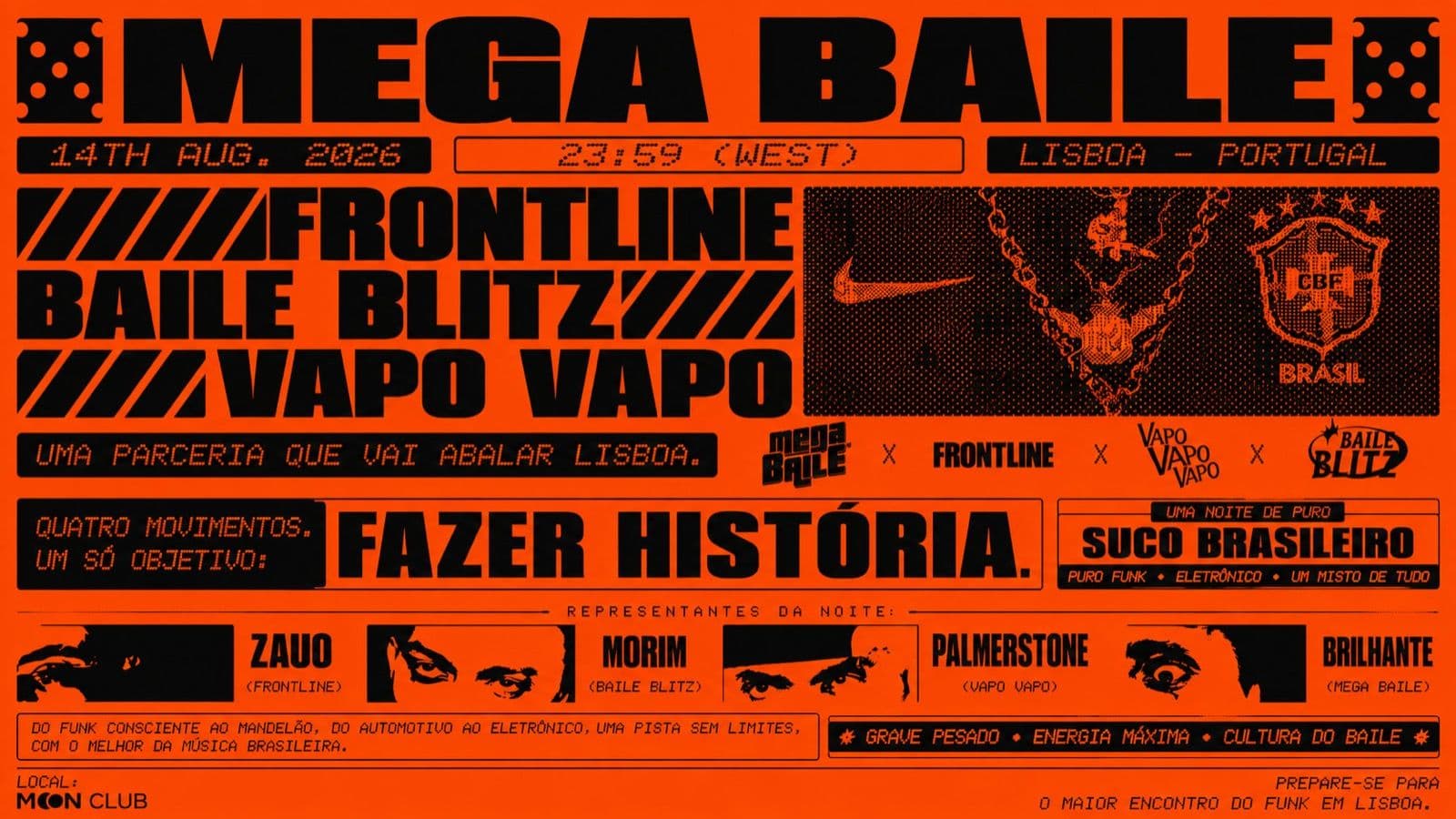Cartaz laranja do Mega Baile, com a lista de DJs e o logótipo do Moon Club